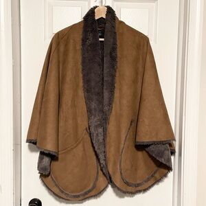 Kate Todd woman’s faux suede faux fur wrap/ shrug brown with pockets one size